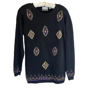 Vintage Marnie West Size M Black Sequin Beaded Floral Ramie Cotton Sweater